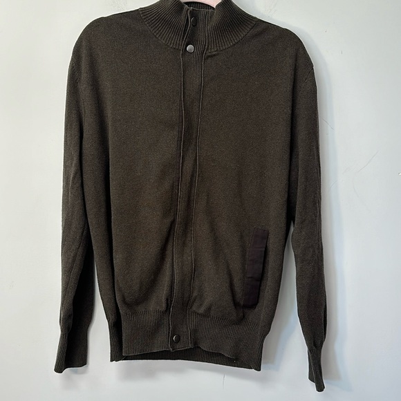 Viyella Men Cardigan Sweater cotton Mock Neck zip and button green brown trim - Picture 1 of 14